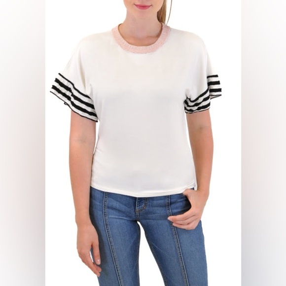 NWOT PETE SHORT SLEEVE CREW NECK STRIPE SLEEVE SIZE LARGE - Picture 3 of 11